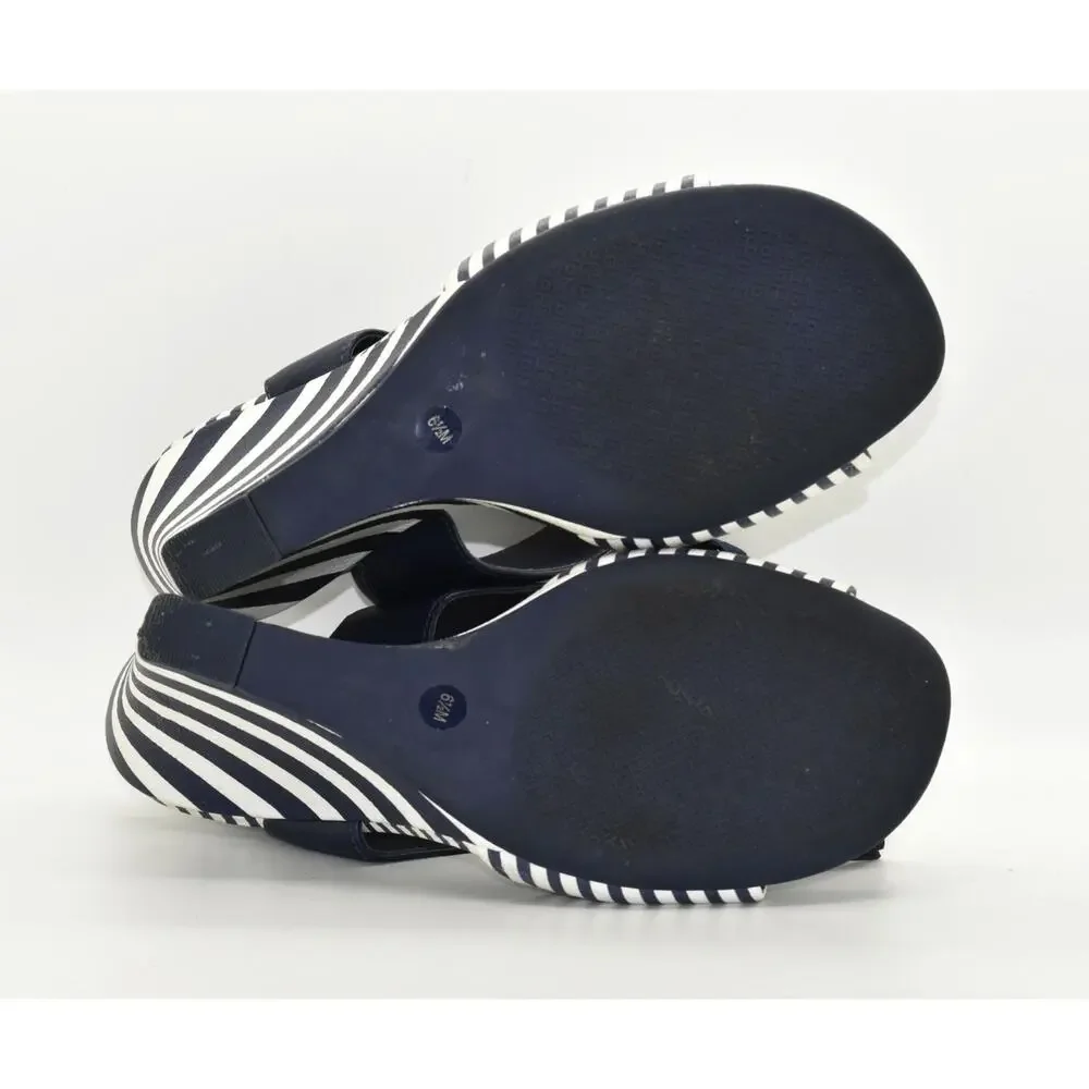 B0 Auth TORY BURCH Navy & White Striped Leather Maritime Wedge Sandals Size 6.5M
